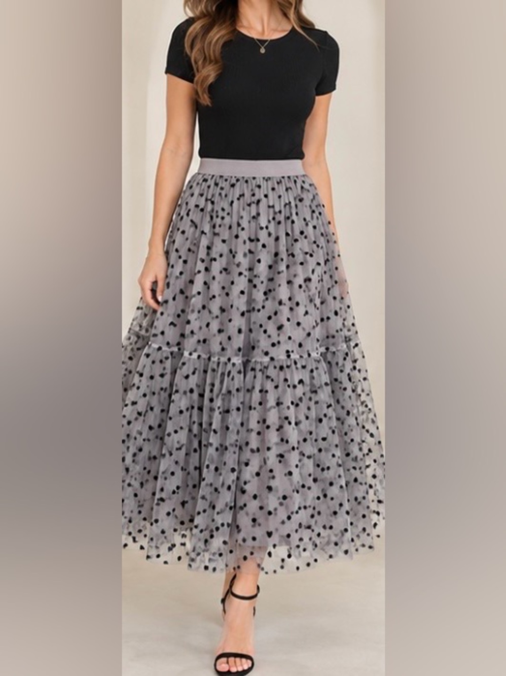 Chicwish Gray Tulle Midi Skirt with Black Polka Dots
